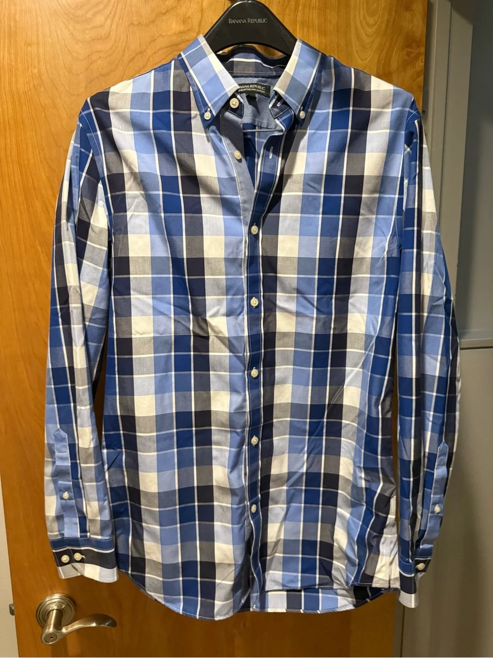 Banana Republic Blue and White Plaid Cotton Button-Down Shirt
